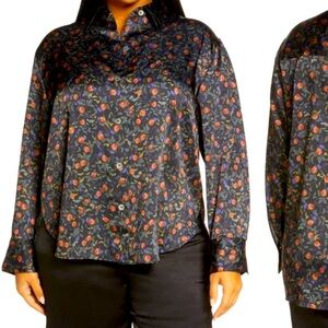 Elie Tahari Pomegranate Button-Up Print Blouse, Size L
